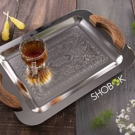 سینی مستطیل طرحدار شوبوک دسته چوبی