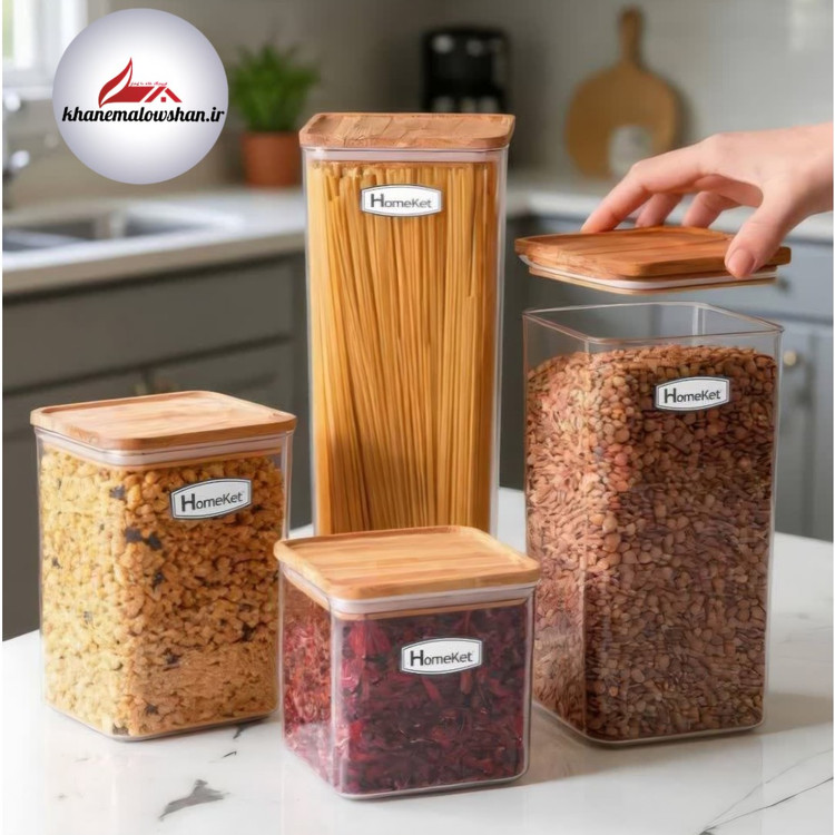 جا حبوباتی مربع درب چوبی هوم کت (4سایز)
